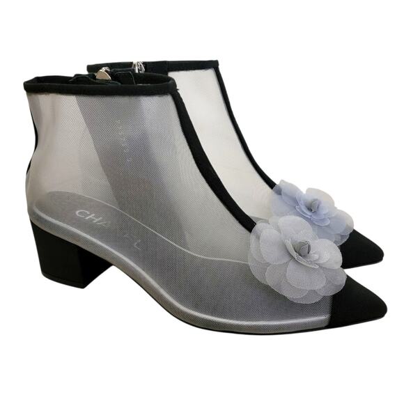 Chanel Ankle Boots Camellia CC Logo 2019 Mesh Black Grey Pointed 5.5 36 G34544 - Picture 1 of 11
